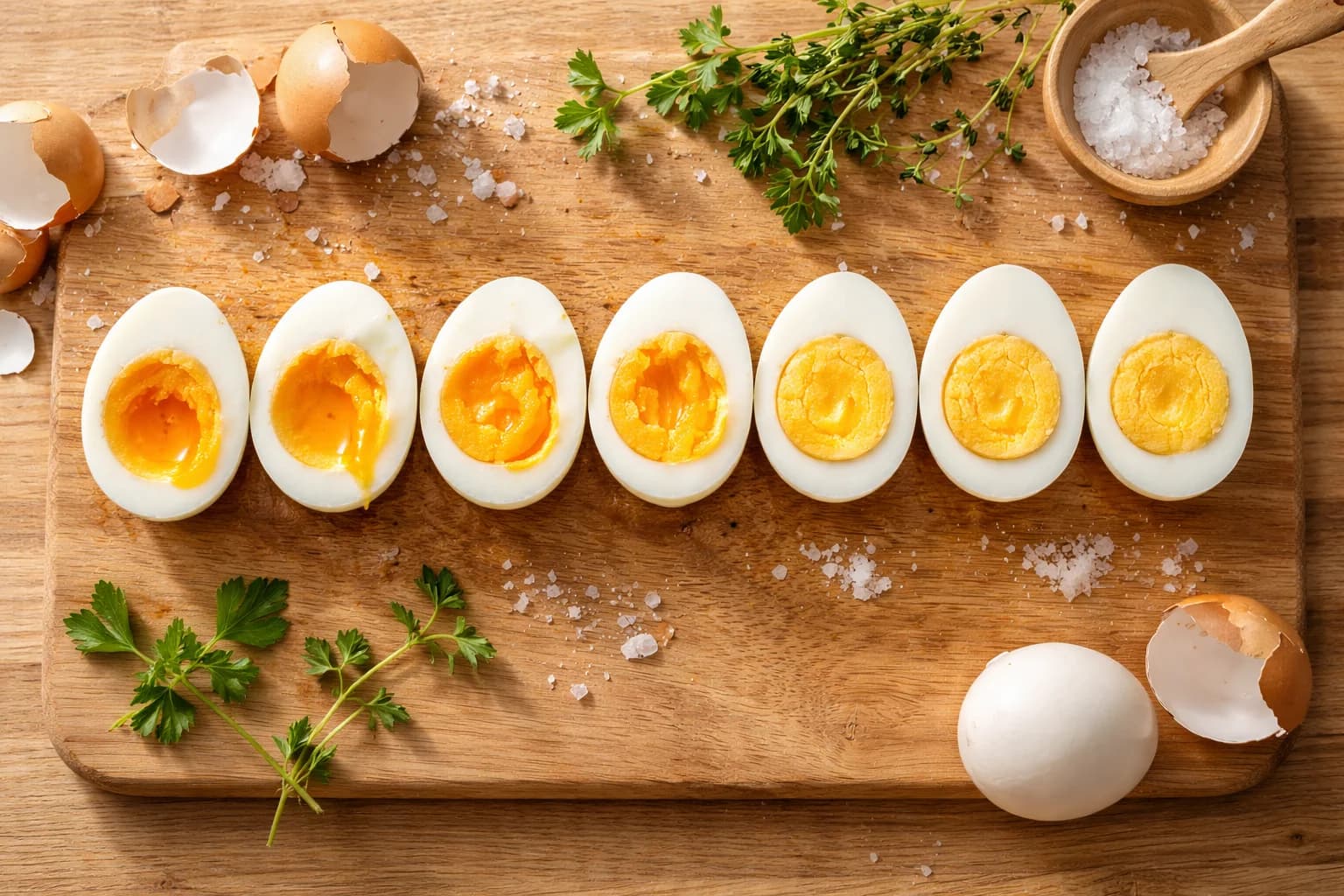Kokta ägg i olika hårdhetsgrader på en skärbräda