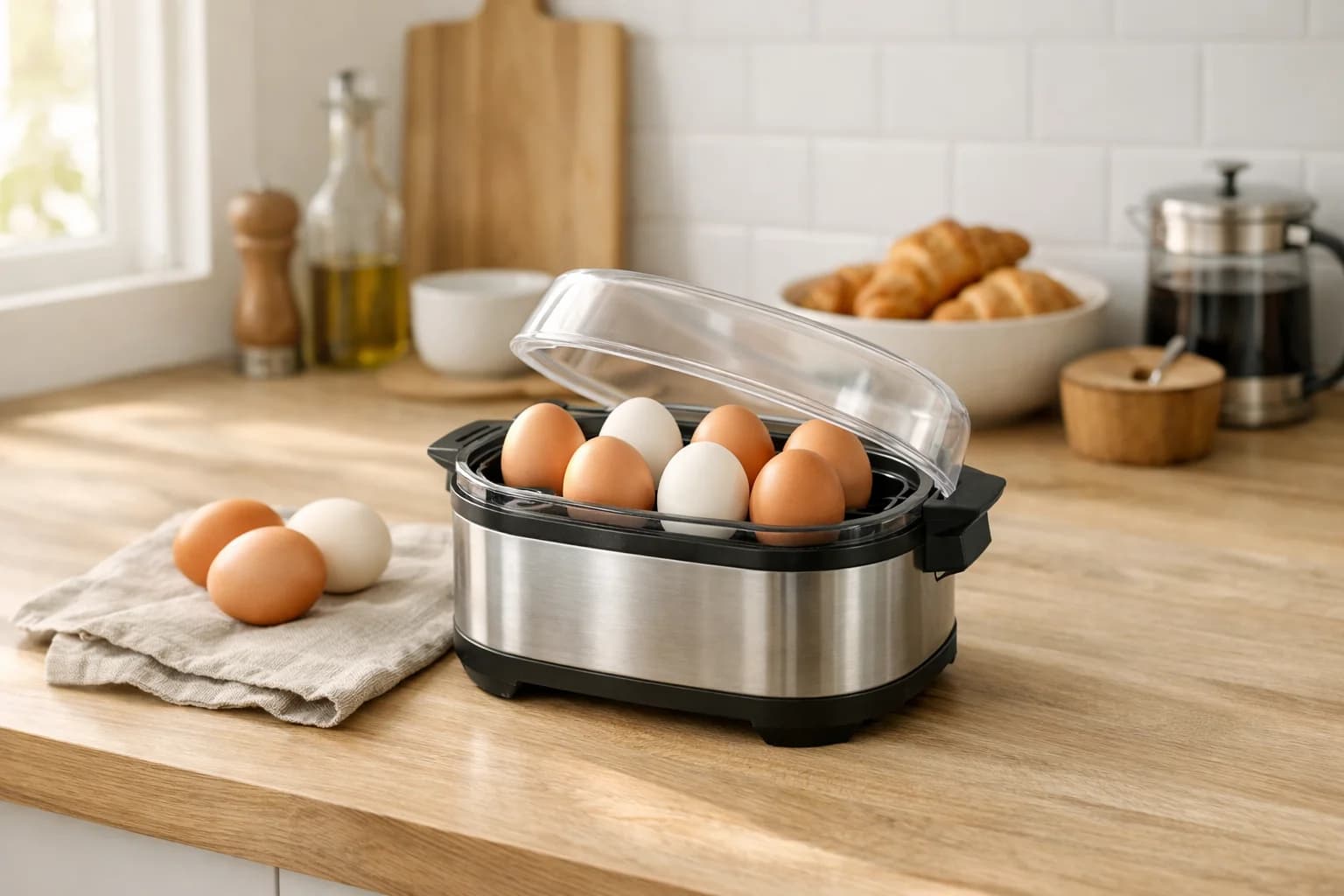 Äggkokare i rostfritt stål på en skandinavisk köksbänk med morgonljus