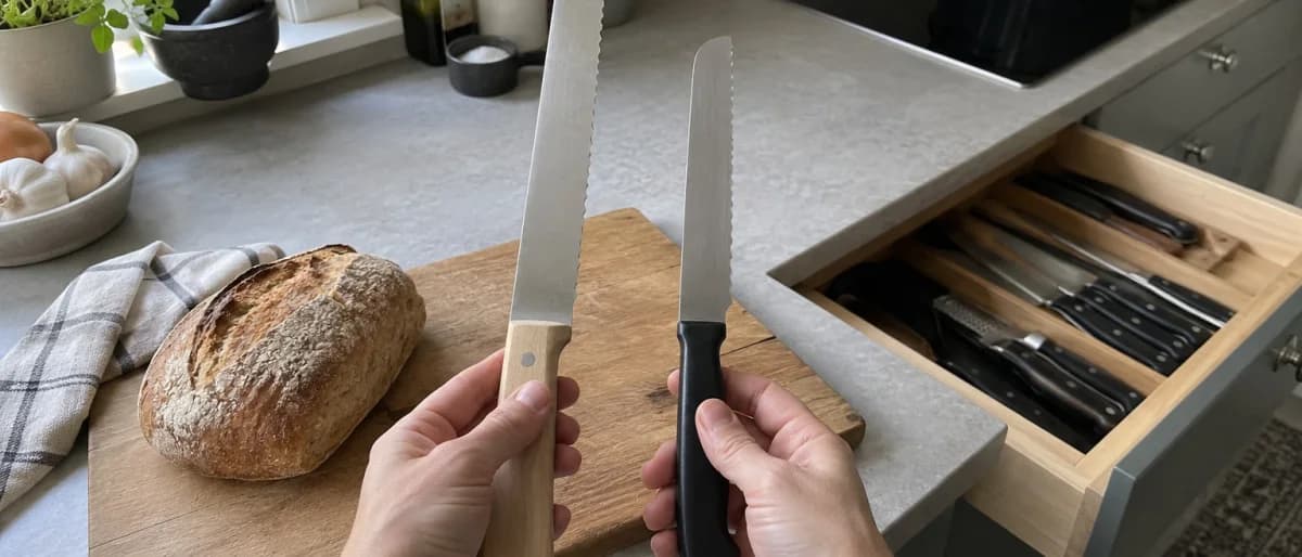 Två brödknivar hålls upp bredvid varandra över en skärbräda för att jämföra bladlängd och tandning, den ena med träskaft och den andra med svart plastskaft.