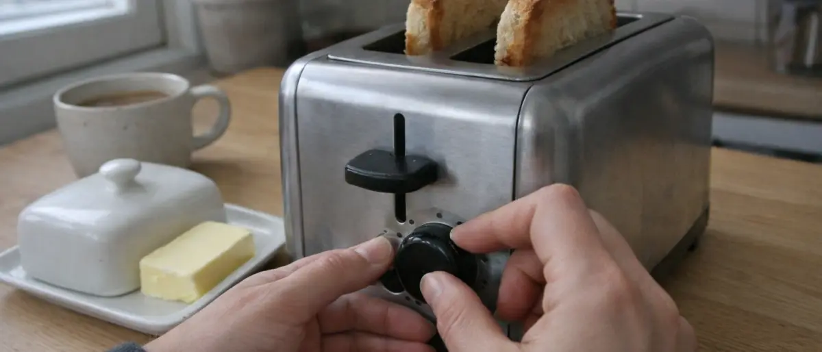 Händer som vrider på rostningsvredet på en brödrost i rostfritt stål, med brödskivor i facken och en kaffekopp och smörask i bakgrunden
