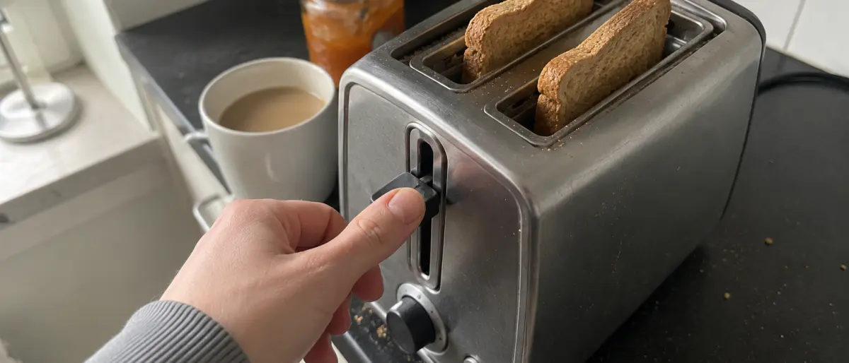 Händer som vrider på rostningsvredet på en brödrost i rostfritt stål, med brödskivor i facken och en kaffekopp och smörask i bakgrunden