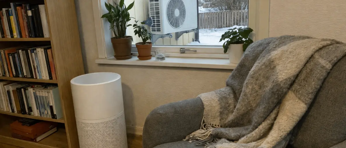 Vardagsrumshörn med luftrenare vid bokhylla och värmepump synlig genom fönstret en vinterdag