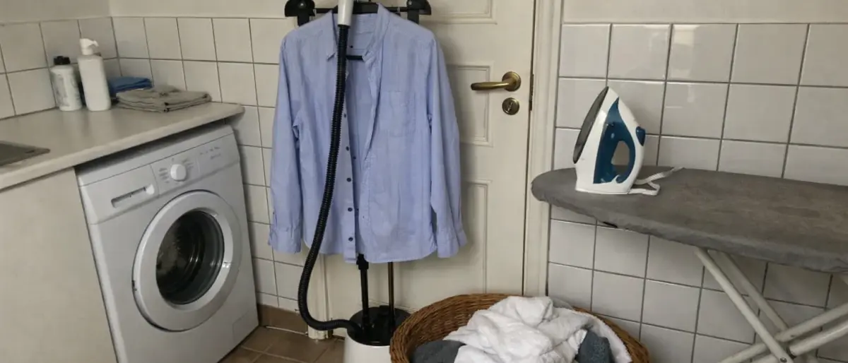 Svensk tvättstuga med tvättmaskin, steamer med upphängd skjorta och strykjärn på strykbräda
