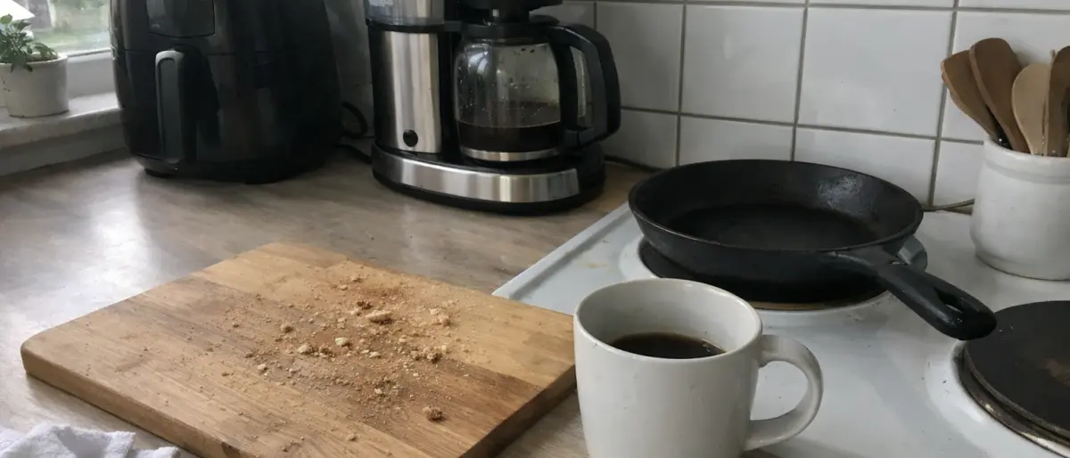 Svenskt kök med airfryer, kaffebryggare och gjutjärnspanna på spisen