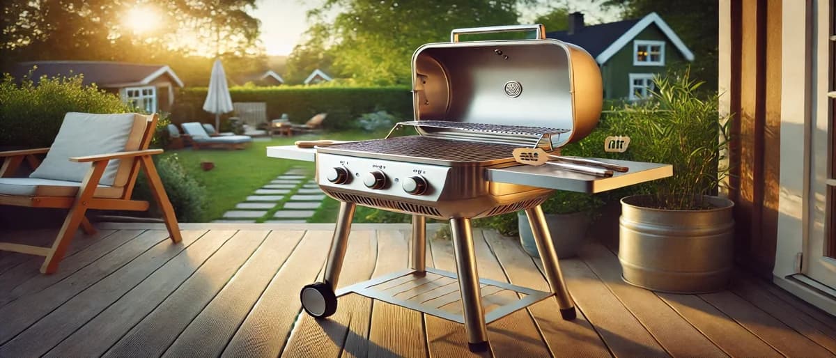 Gasolgrill på altan med grillgaller och grillbestick, svensk sommarkväll