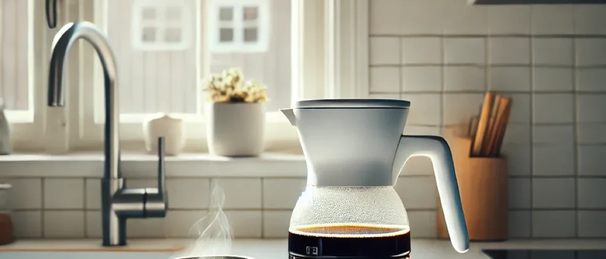Köksbänk med kaffebryggare, nybryggt kaffe i kopp och kaffebönor i skål
