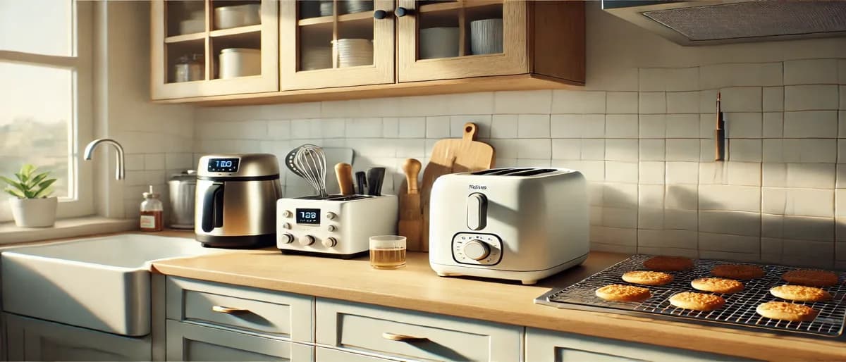 Köksbänk med airfryer, brödrost och matberedare uppställda bredvid varandra