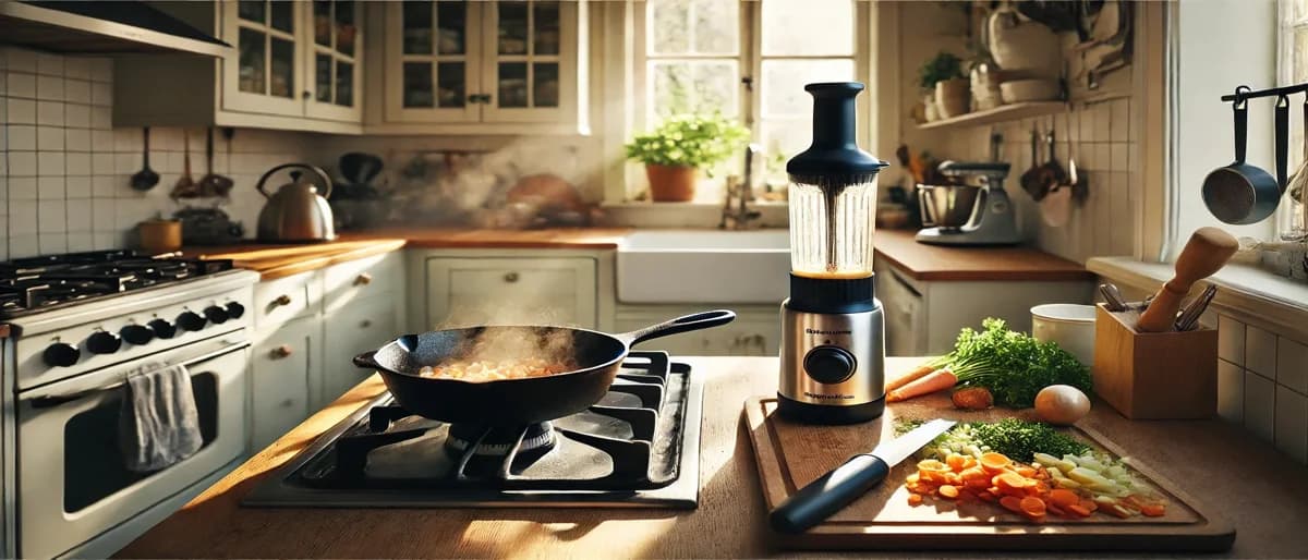 Stekpanna på spisen med stavmixer och köksredskap på bänken bredvid