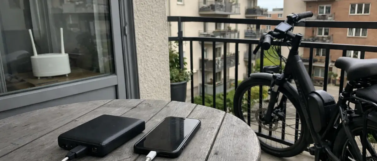 Balkongbord med powerbank och telefon, router innanför glasdörren och elcykel vid räcket