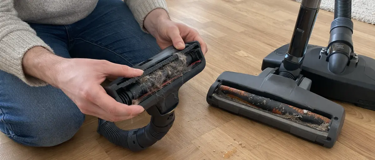 Person undersöker dammsugarmunstycke på trägolv i svensk lägenhet