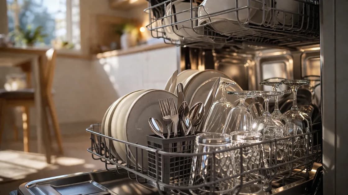 Närbild på ren disk i öppen diskmaskin med blanka glas
