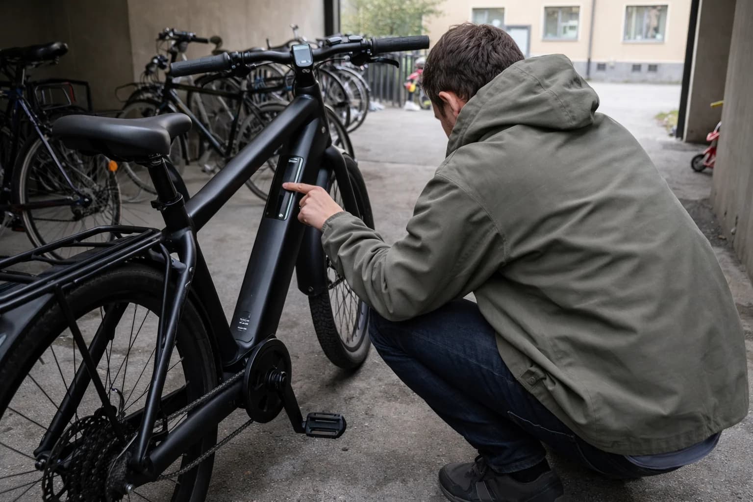 Person kontrollerar batteri på elcykel