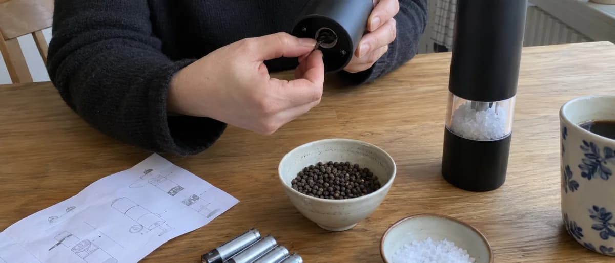 Person vid ett köksbord som ställer in malningsgraden på undersidan av en elektrisk pepparkvarn, med pepparkorn, havssalt och batterier på bordet