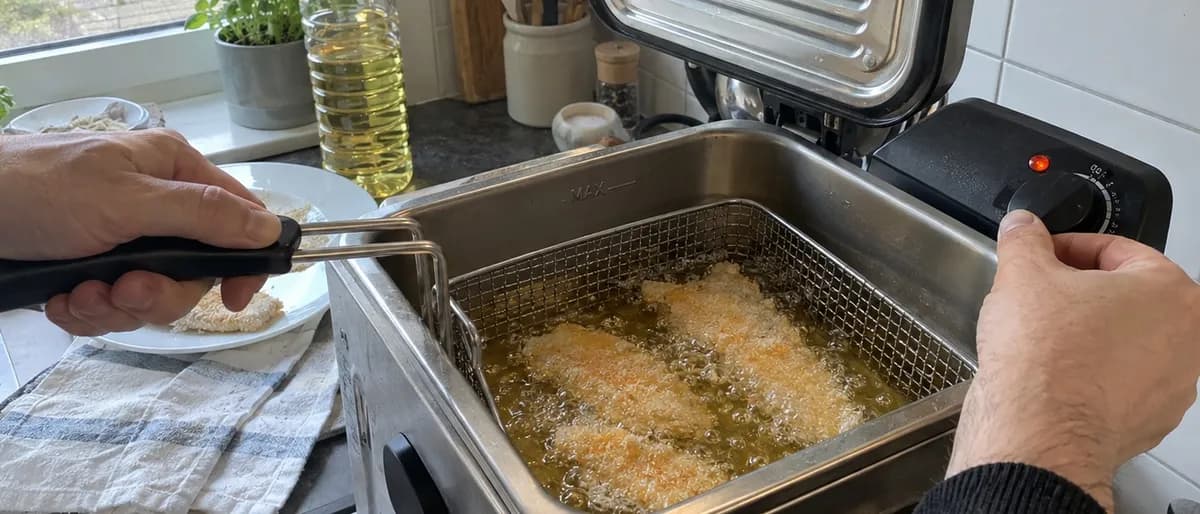 Händer sänker en korg med panerad fisk ner i en fritös med het olja och vrider på termostaten