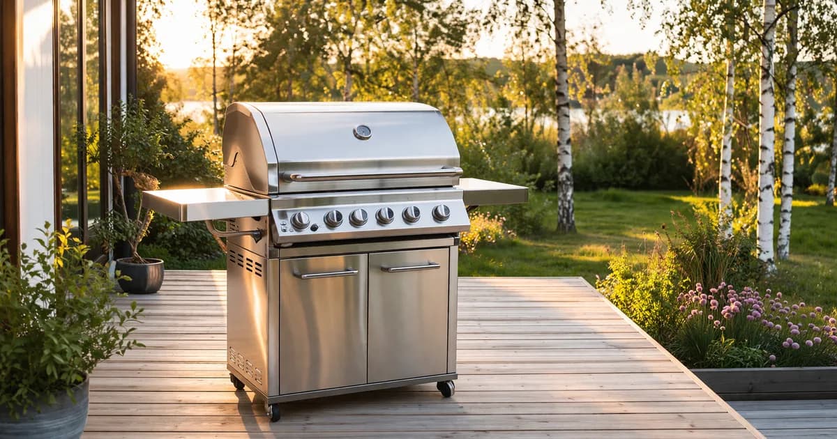 Gasolgrill med lock öppet på en sommarträdgårdsterass