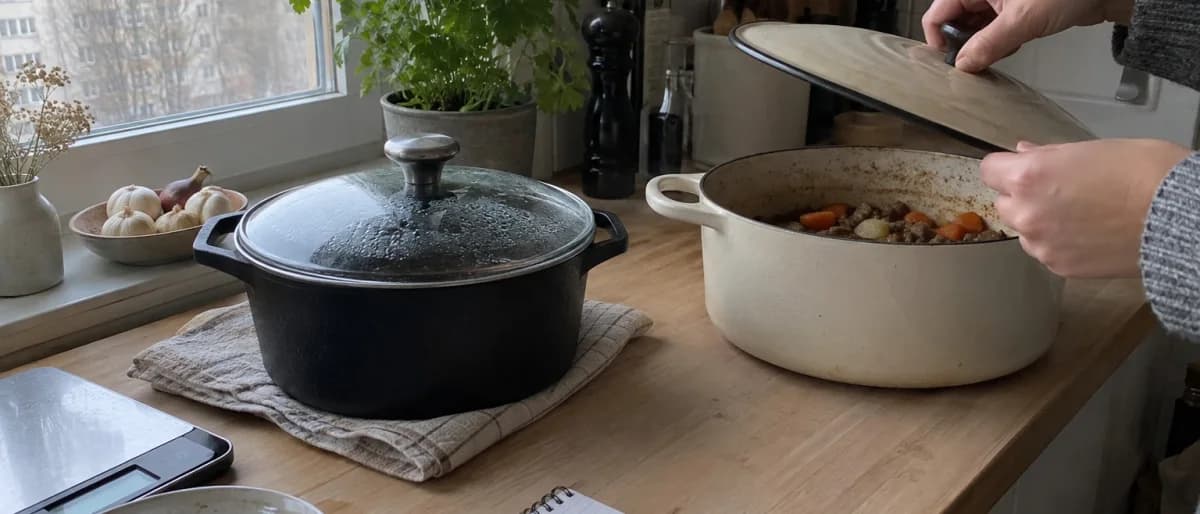 Två gjutjärnsgrytor bredvid varandra på en träbänk, en svart med glaslock och en gräddvit där locket lyfts av för att titta ner i grytan