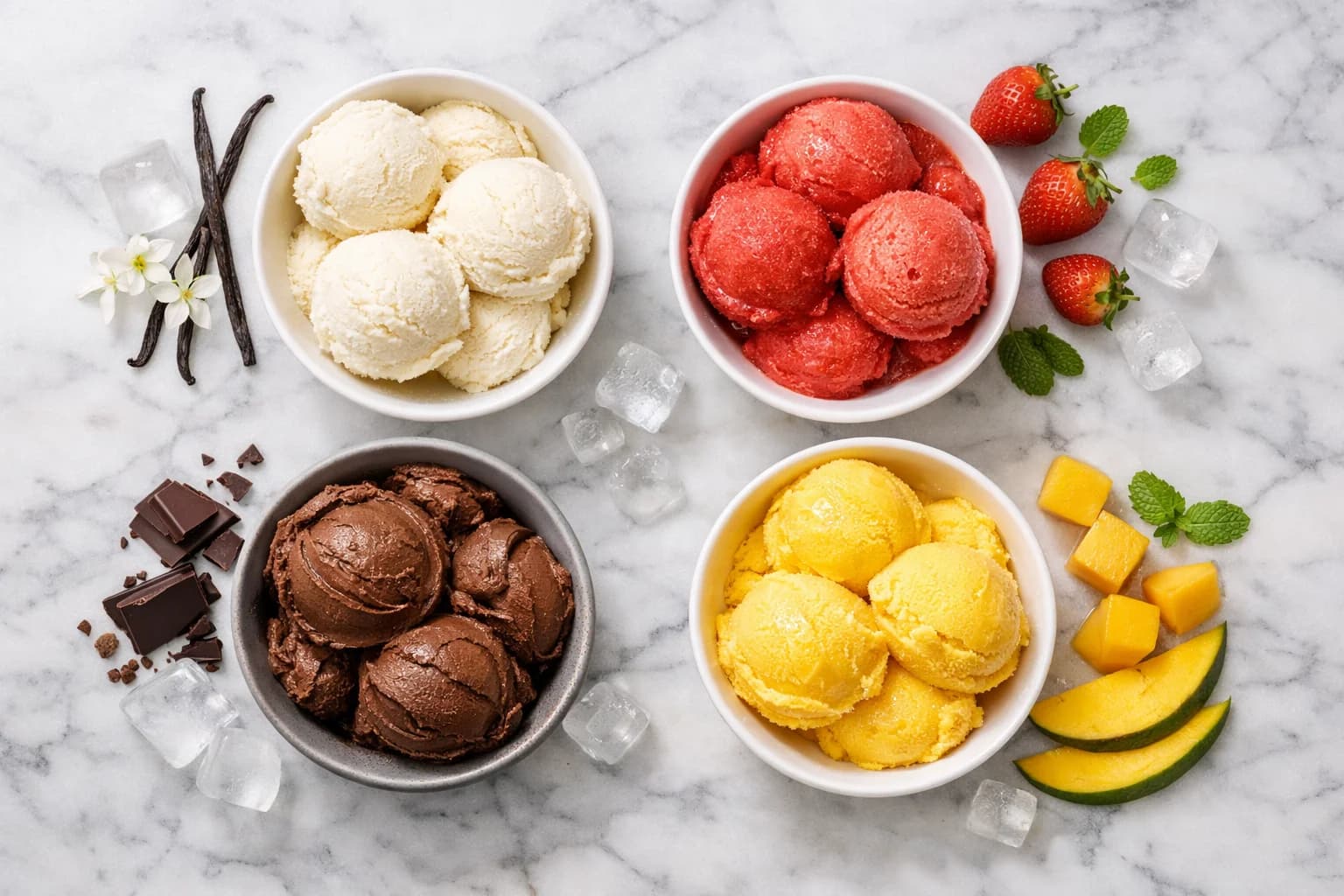 Hemmagjord glass, sorbet och gelato i skålar på marmorbänk