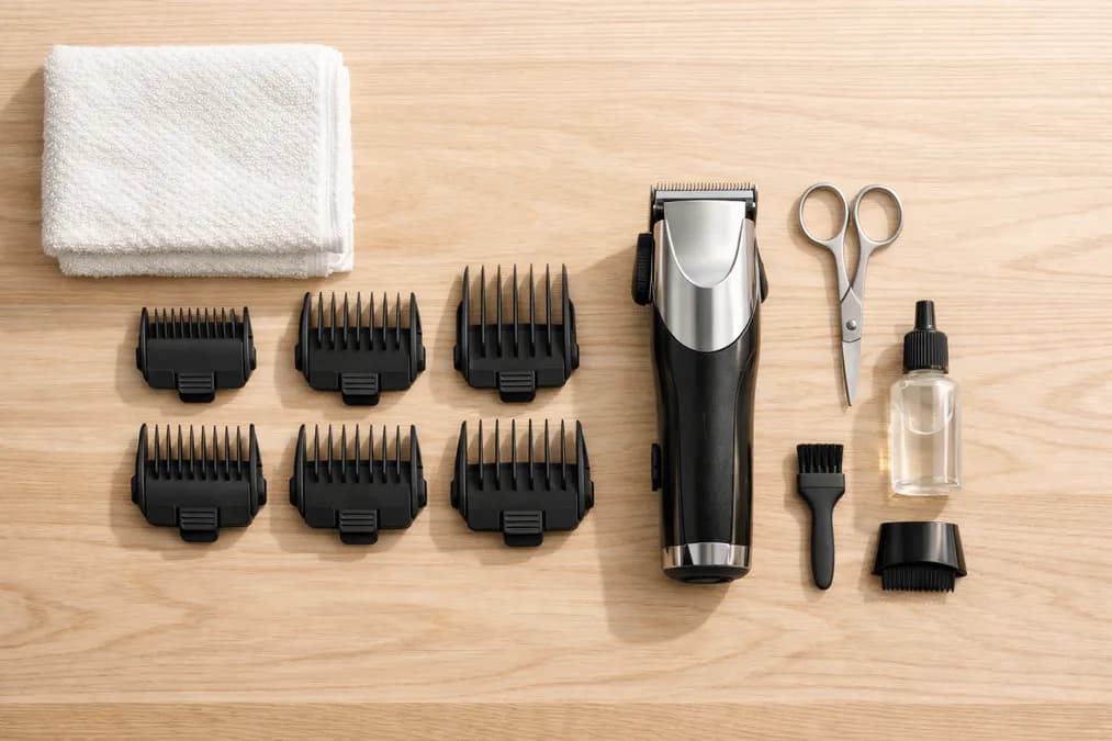 Hårtrimmertillbehör upplagda på en ljus träyta – kammar, olja och borste