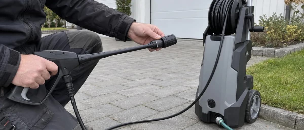 En person sitter på knä på en stenlagd uppfart och vrider på munstycket längst ut på lansen bredvid en högtryckstvätt med slangvinda och ansluten trädgårdsslang.