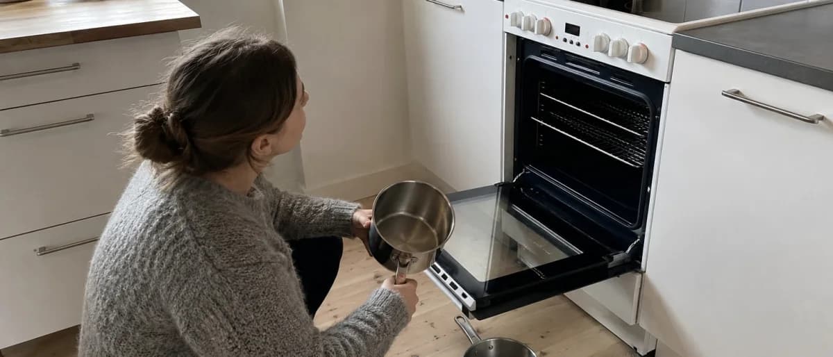 Person som sitter på huk framför en fristående induktionsspis med ugnsluckan öppen och håller upp en kastrull