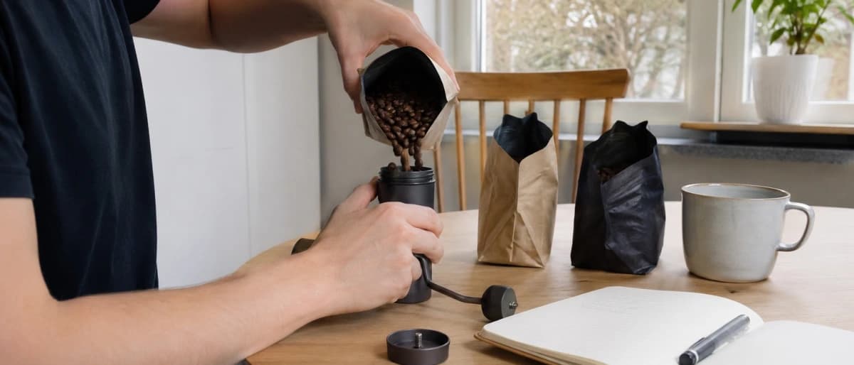 Person häller hela kaffebönor i en kvarn och jämför två påsar bönor vid köksbordet