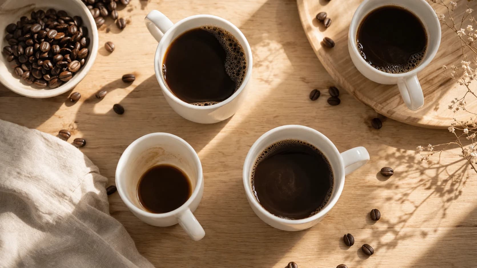 Kaffekoppar och kaffebönor på ett träbord