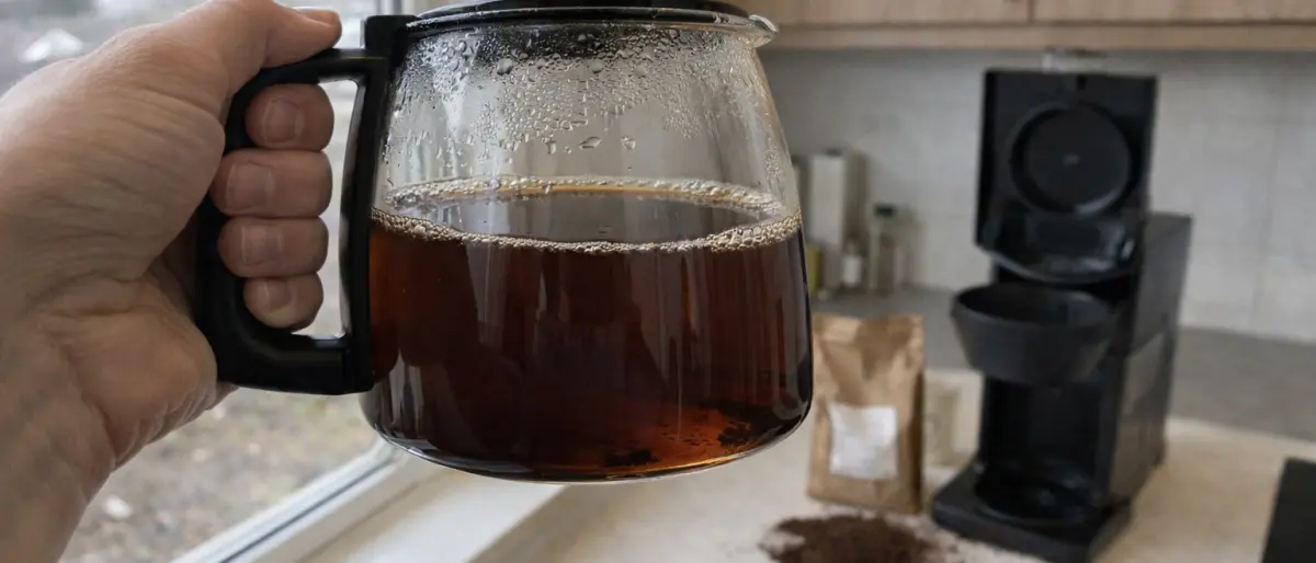 Nybryggt kaffe i glaskanna hålls upp mot fönsterljus i skandinaviskt kök