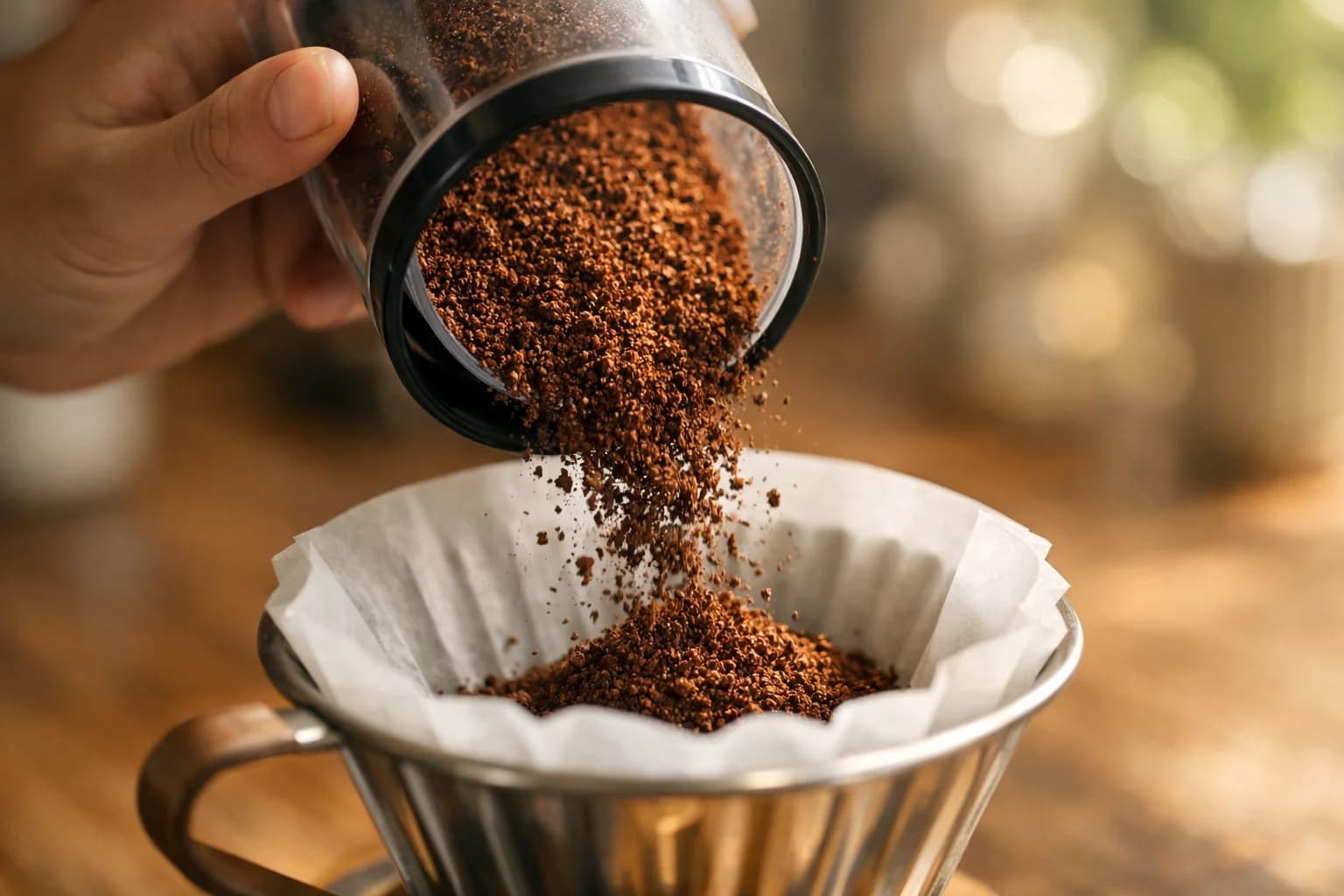 Händer som häller nymalt kaffe från en kvarn i en pour over-bryggare