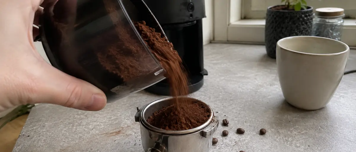 Hand som tömmer en kaffekvarns malbehållare i en portafilter på köksbänken