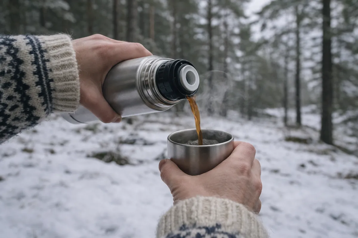 Kaffe hälls ur termos i vinterlandskap