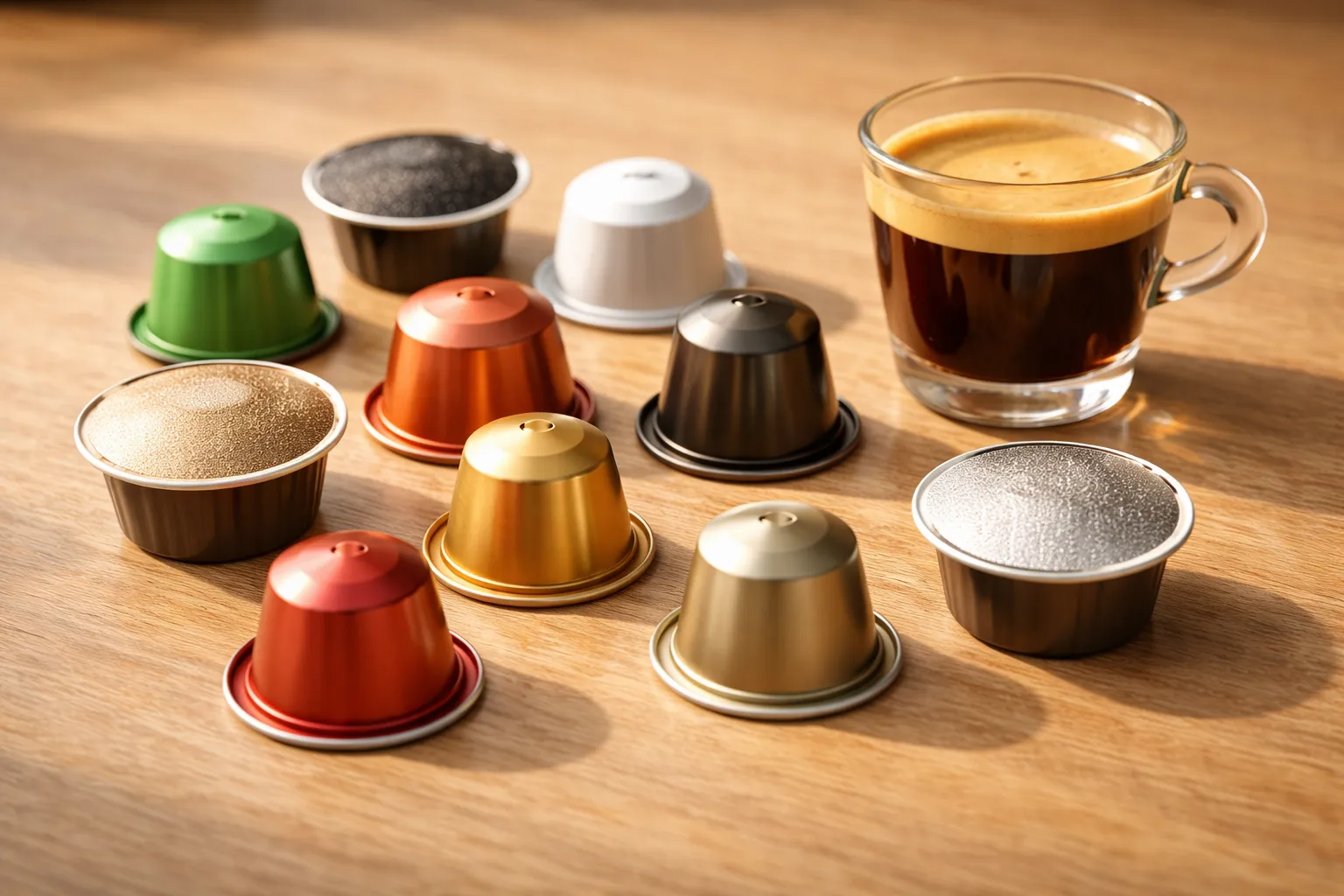 Olika kaffekapslar på träbord bredvid espressokopp