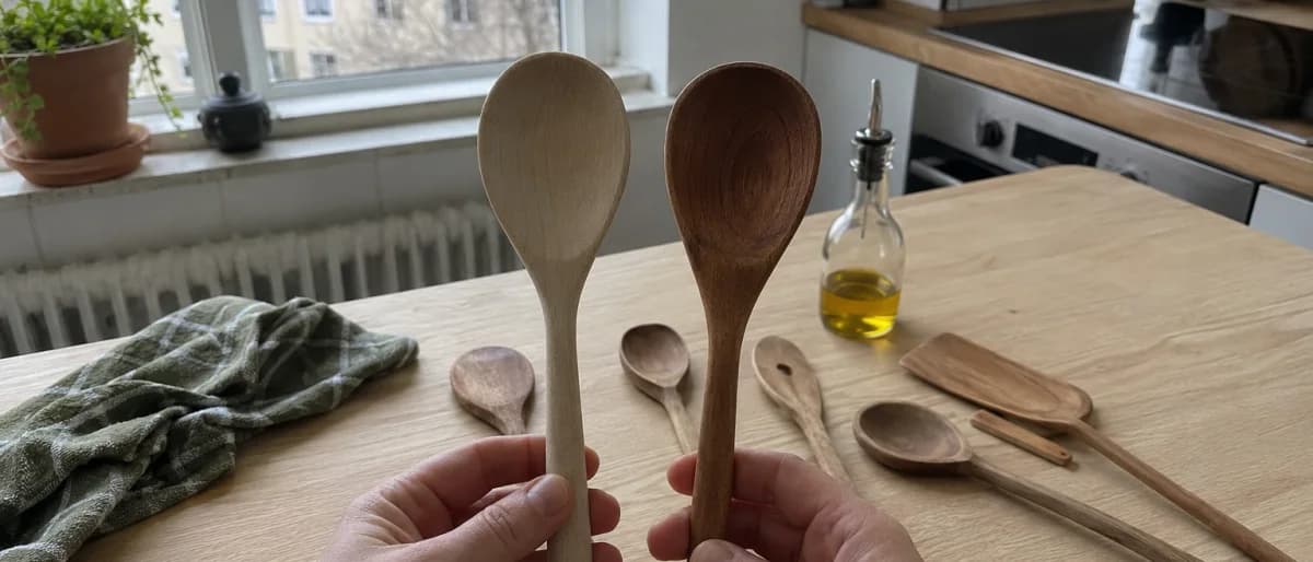 Två träslevar hålls upp bredvid varandra över ett köksbord med fler träredskap och en oljeflaska