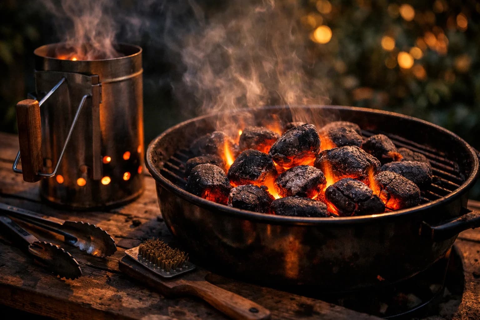 Glödande kol i en skorstenständare med grillverktyg