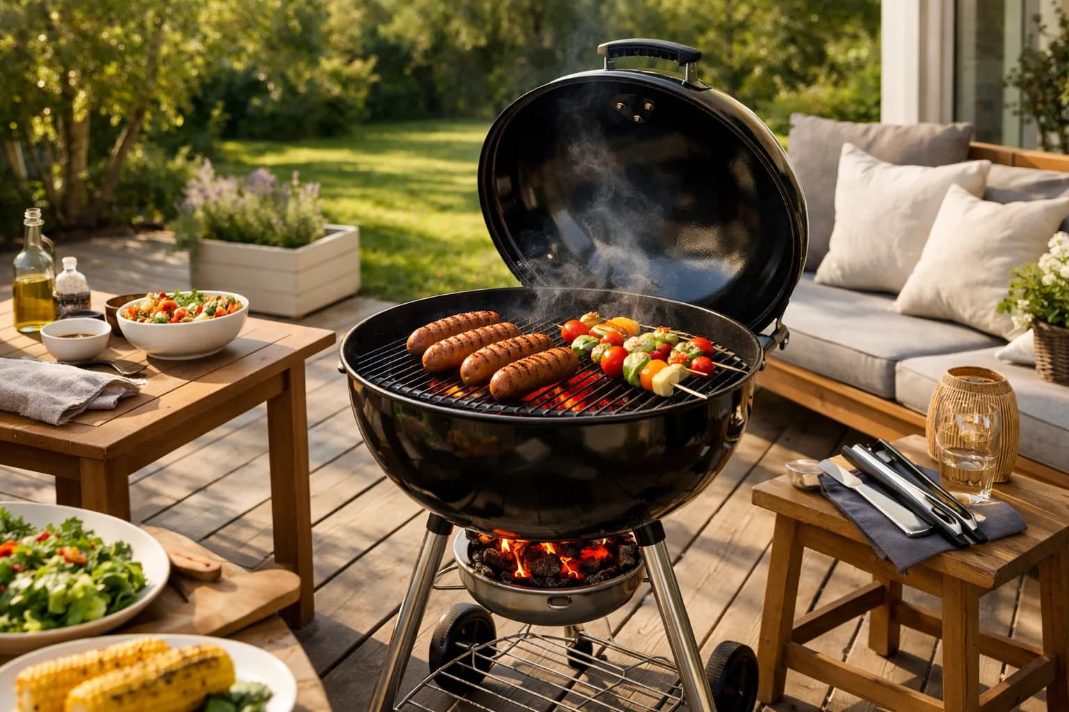 Kolgrill på en somrig skandinavisk altan med glödande kol