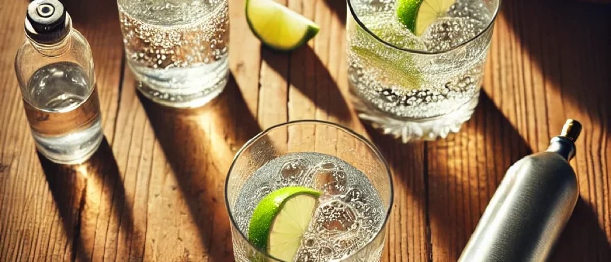 Två glas kolsyrat vatten med limeklyfta och isbitar på ett träbord