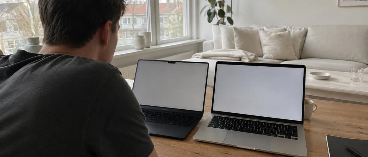 Person sedd bakifrån som jämför två öppna laptops sida vid sida på ett träbord i ett ljust skandinaviskt vardagsrum