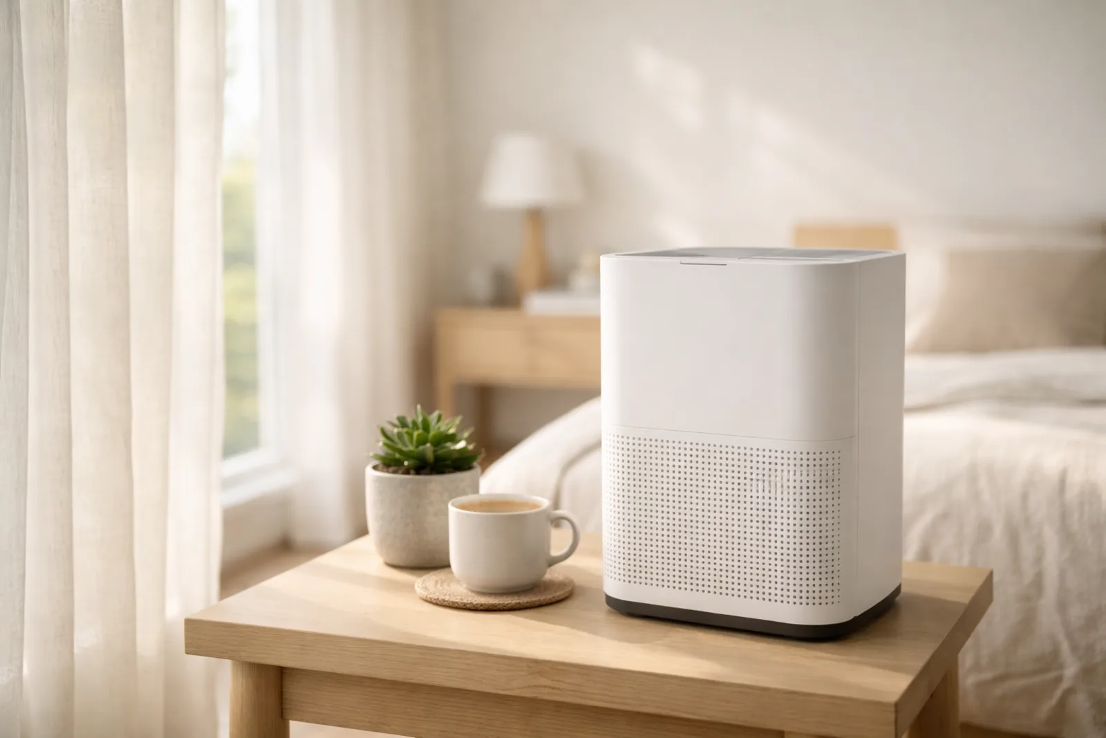 Luftrenare på sidobord vid fönster med naturligt ljus