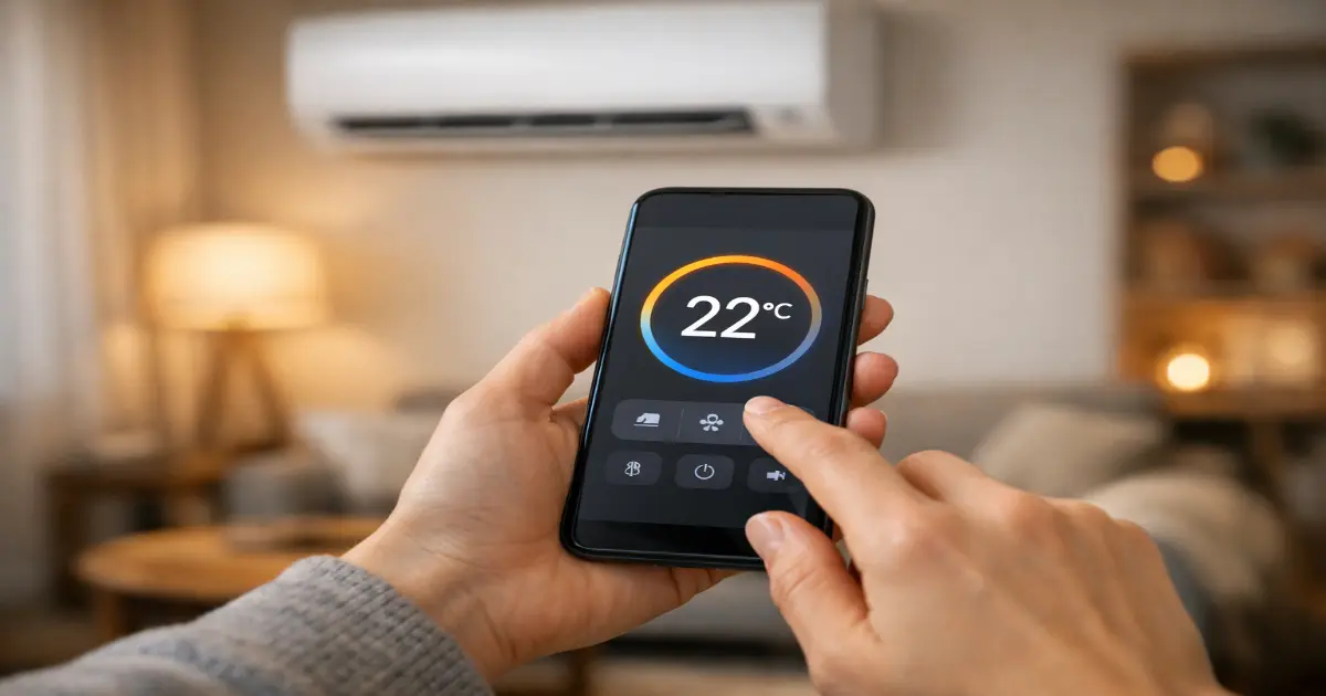 Person styr värmepump via smartphone-app