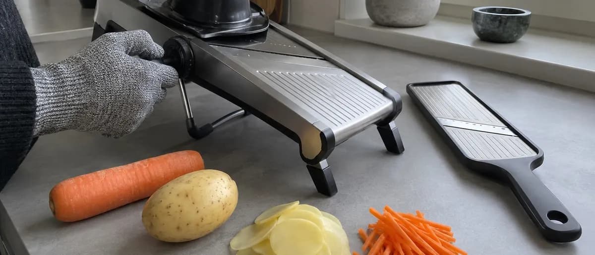 Hand i skärskyddshandske vrider på tjockleksratten på en bänkmandolin, bredvid en handmandolin, morot och potatis