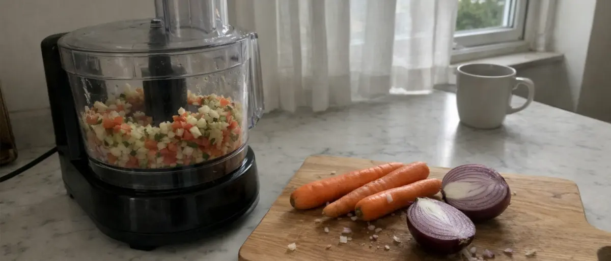 Matberedare med hackade grönsaker på en ljus köksbänk i skandinaviskt kök