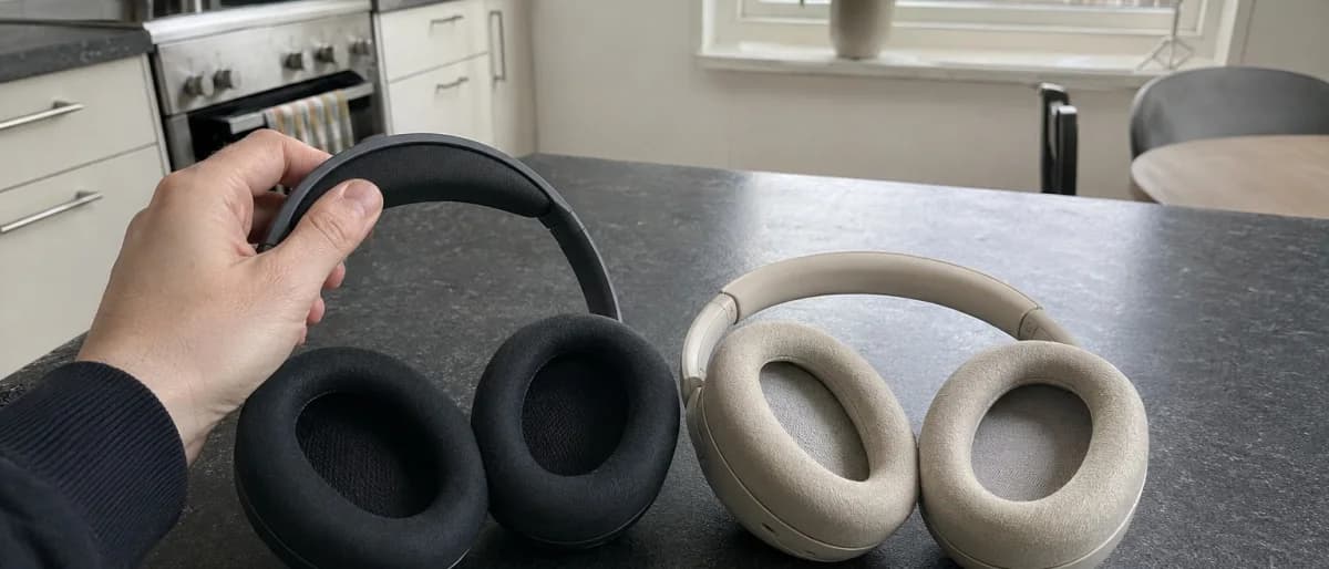 Två par over-ear-hörlurar bredvid varandra på en köksbänk med öronkuddarna vända uppåt