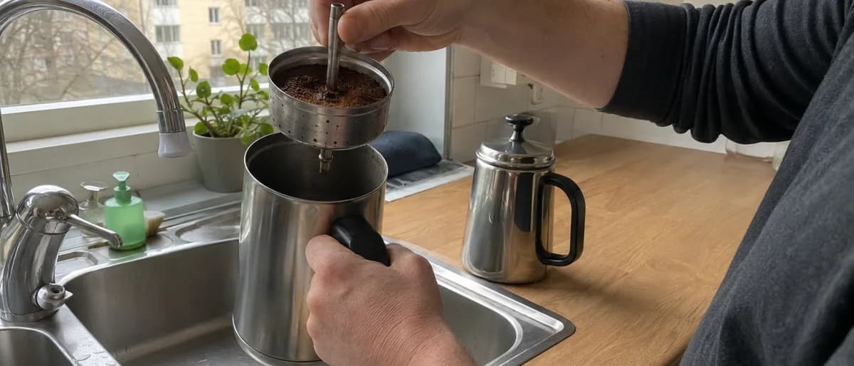 Kaffekorgen med grovmalet kaffe lyfts ur en perkulator vid diskhon