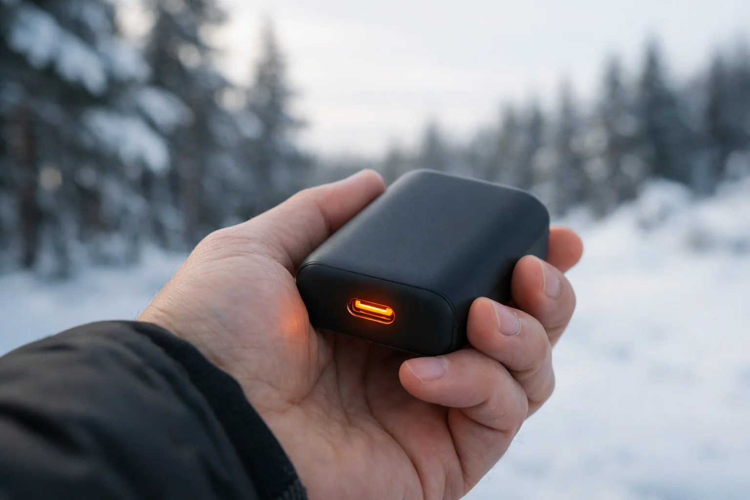 Hand som håller en powerbank i vinterlandskap