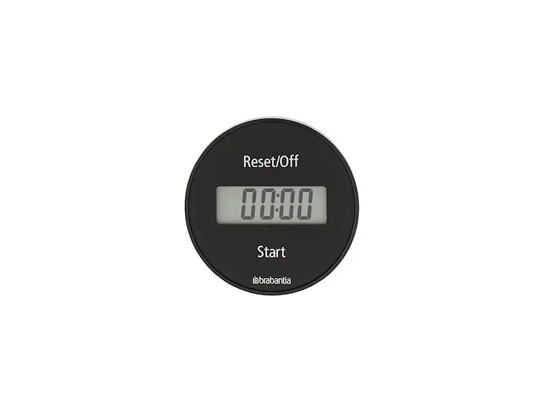 Brabantia digital kökstimer i svart rund form med LCD-display och knapparna Reset/Off och Start