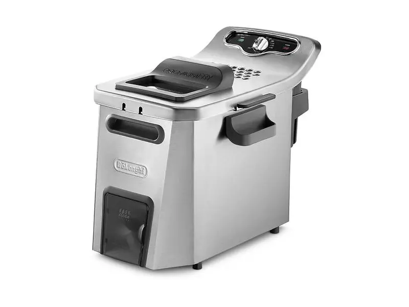 DeLonghi F44532CZ, stor fritös i rostfritt stål med lock och tappkran framtill