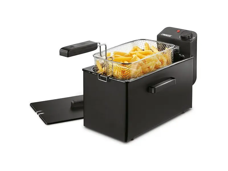 Princess 182727, svart fritös med frityrkorg full av pommes frites