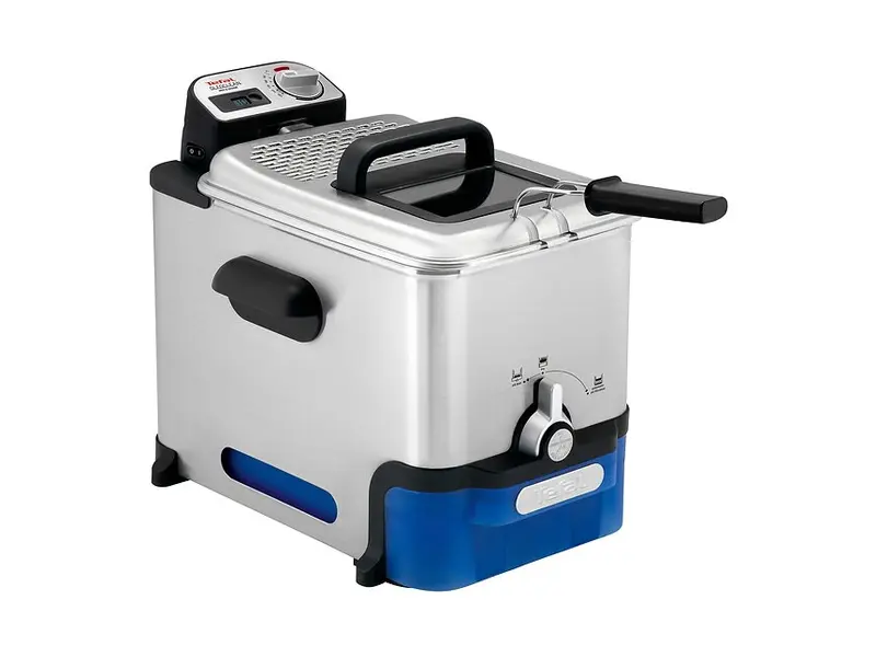 Tefal Oleoclean Pro FR8040, fritös i rostfritt stål med blå oljelåda under skålen