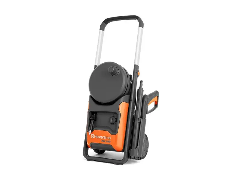 Husqvarna PW 240, orange och svart högtryckstvätt med slangvinda och teleskophandtag