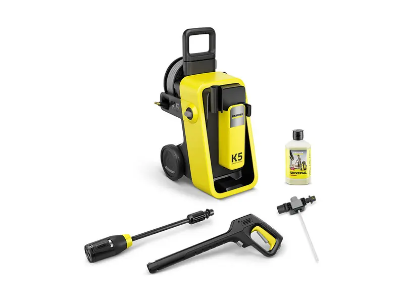 Kärcher K 5 Comfort Premium, gul högtryckstvätt med slangvinda, pistol, lans och rengöringsmedel