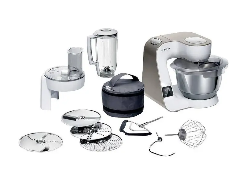 Bosch MUM5XW20 köksmaskin med stålskål, grönsakstillbehör, mixerkanna och redskap